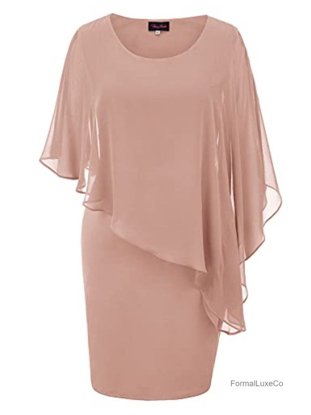 Sleeveless Cape Dress with Chiffon Overlay Sequin Bodycon Pencil Dress